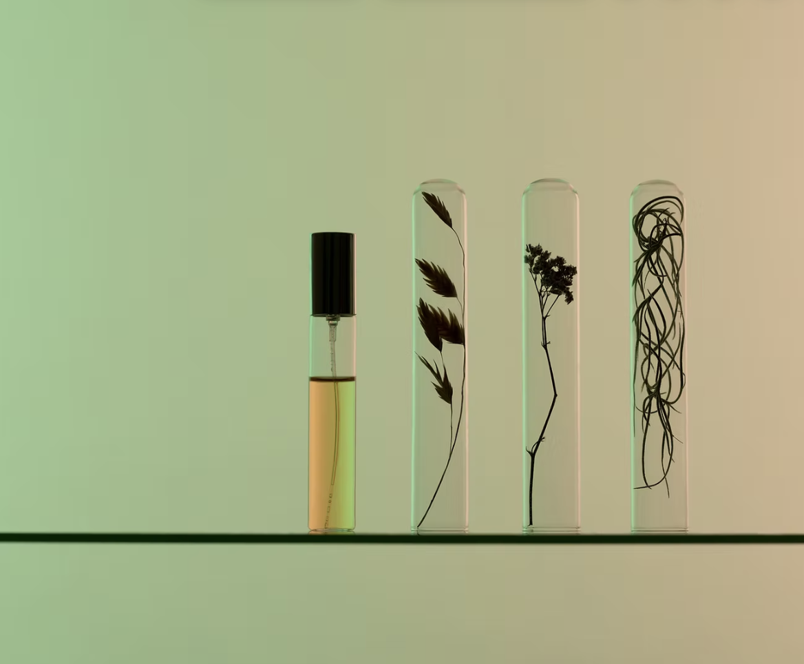 Glass botanical vials with dried flowers and golden oil, representing Rituale Olistica skincare